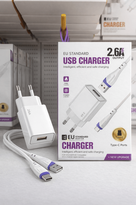 2.6A USB Şarj Adaptörü + Type - C Şarj Kablosu (EU Standart) – Hızlı ve Güvenli Şarj ürünü - Şarj Aleti kategorisi | Tekno Muaz