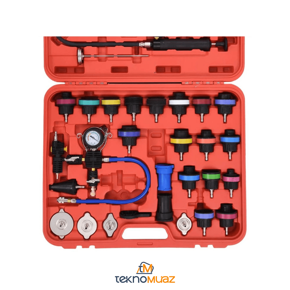 28 Parça Evrensel Radyatör Basınç Test Kiti – Soğutma Sistemi Kaçak ve Vakum Kontrol Seti (0 - 35 PSI) | Hırdavat | TeknoMuaz