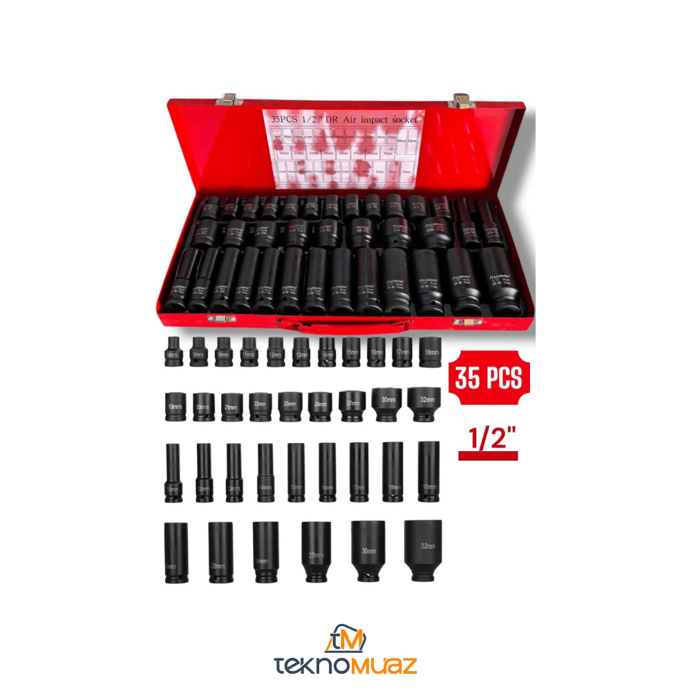 Dorf 1/2” 35 Parça Havalı Lokma Takımı – Kısa & Uzun Lokmalar | Metal Kutulu | Hırdavat | TeknoMuaz