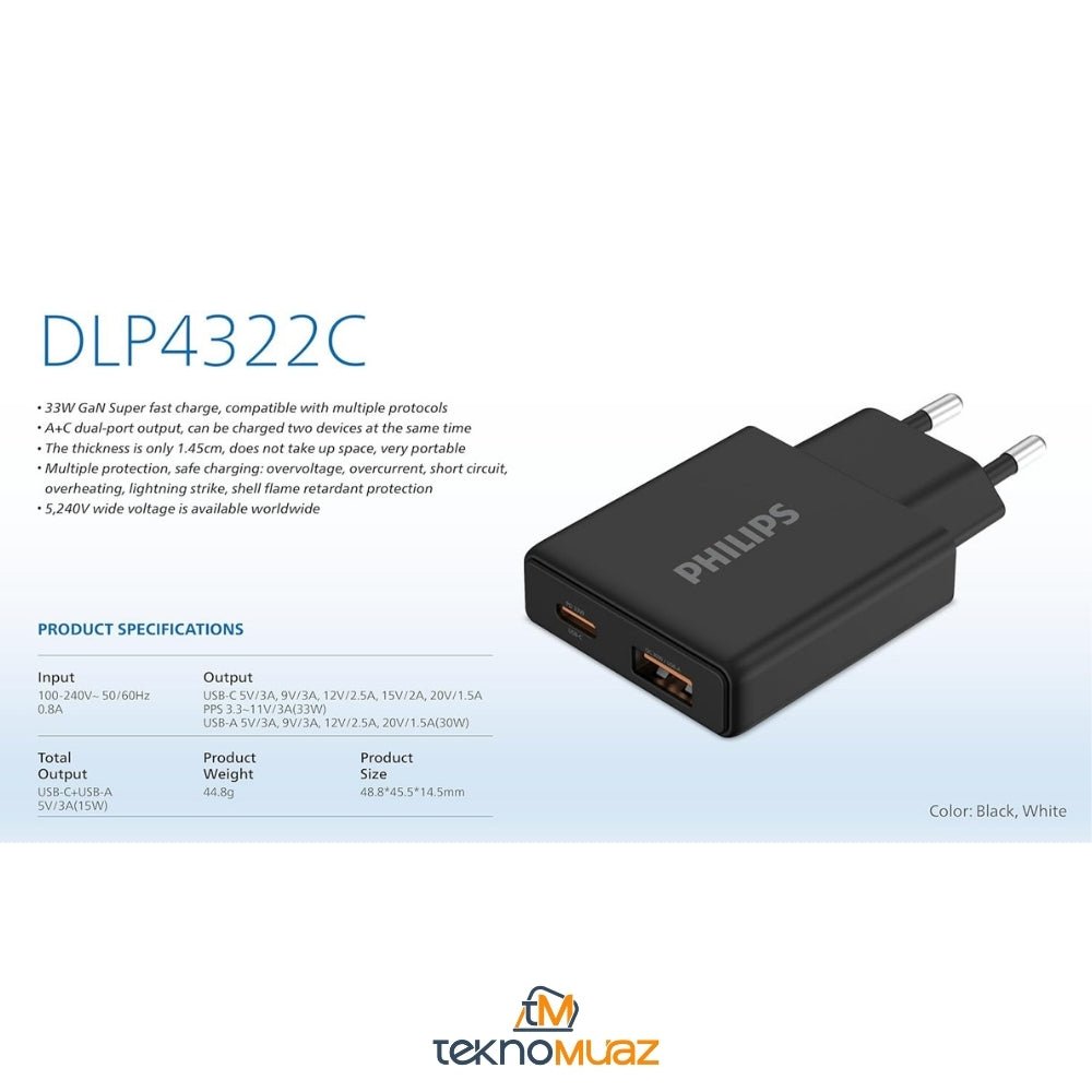 Philips DLP4322C USB Hızlı Şarj Adaptörü, 33W PowerDelivery 3.0 + QuickCharge 3.0, Çift Port USB - C ve USB - A, Eşzamanlı Cihaz Şarj ürünü - Şarj Aleti kategorisi | Tekno Muaz