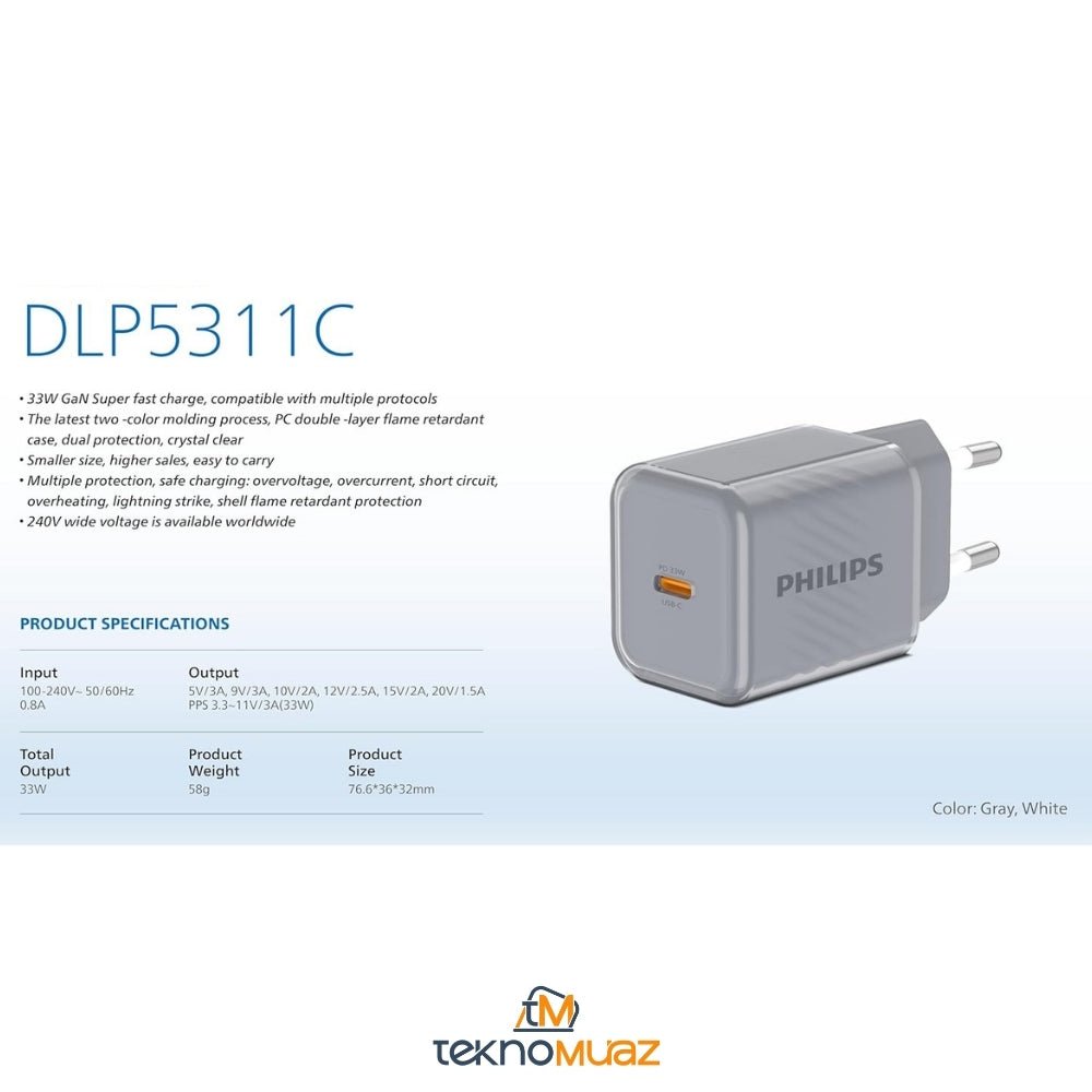 PHILIPS DLP5311C Type - C Hızlı Şarj Adaptörü, 33W Hızlı Şarj, Akıllı Telefon ve Tablet Uyumlu ürünü - Şarj Aleti kategorisi | Tekno Muaz