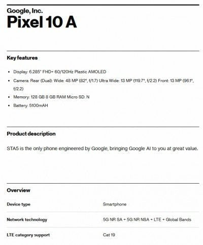 Google Pixel 10a özellikleri listeleniyor