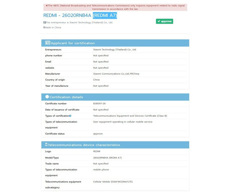 Redmi A7 de sertifikalandı, Redmi A7 Pro ile birlikte piyasaya sürülebilir