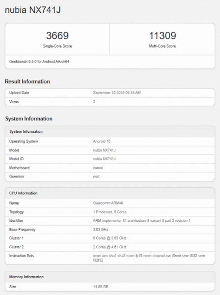 Nubia Z80 Ultra, Snapdragon 8 Elite Gen 5 ile Geekbench'te ortaya çıkıyor.