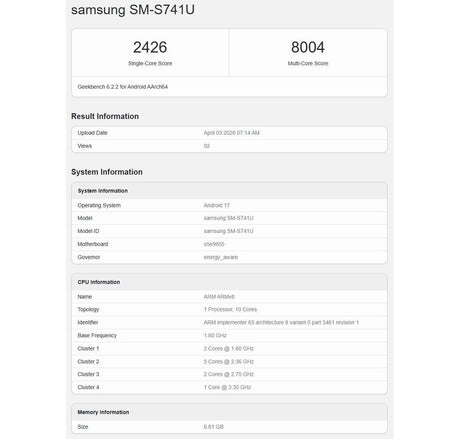 Samsung Galaxy S26 FE Geekbench Sonuçları ve Özellikleri