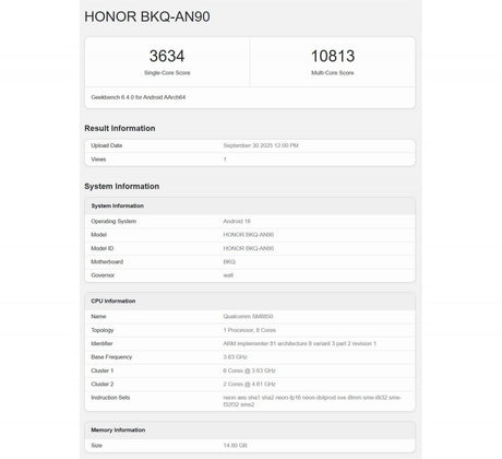 Honor Magic8 Pro, Geekbench'ten geçiyor ve üst düzey yonga setini doğruluyor.