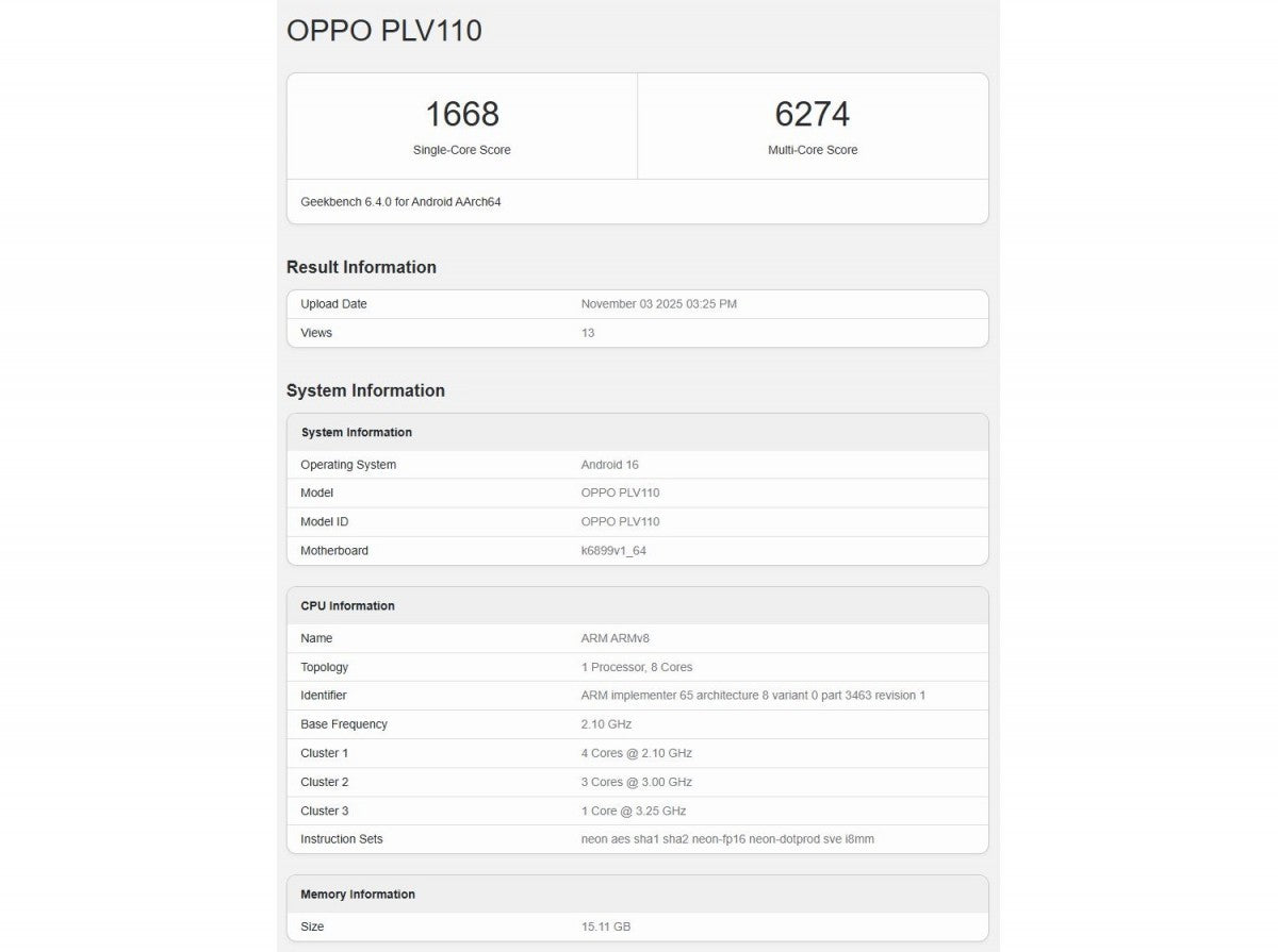 Oppo Reno15, Geekbench'te çalıştırıldı, işlemcisi ve bellek miktarı ortaya çıktı - Tekno Muaz