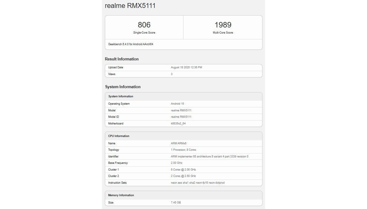 Realme 15T iddia edilen şekilde Geekbench'te görüldü, işlemcisini güçlendiren şey bu - Tekno Muaz