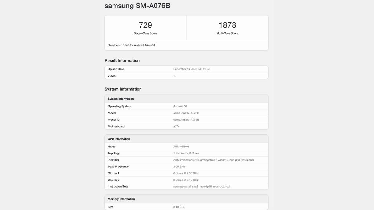 Samsung Galaxy A07 5G özellikleri Geekbench listeleme yoluyla ortaya çıktı