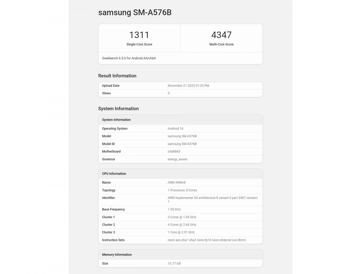 Samsung Galaxy A57, Exynos 1680 yongasını kullanarak Geekbench testinden geçti