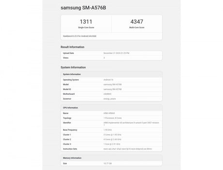 Samsung Galaxy A57, Exynos 1680 yongasını kullanarak Geekbench testinden geçti - Tekno Muaz