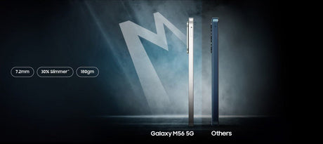 Samsung Galaxy M56 %30 daha ince, hala 5.000mAh bataryaya ve 45W şarj özelliğine sahip. 

Translated to Turkish:
Samsung Galaxy M56 %30 daha ince, hala 5.000mAh bataryaya ve 45W şarj özelliğine sahip. - Tekno Muaz