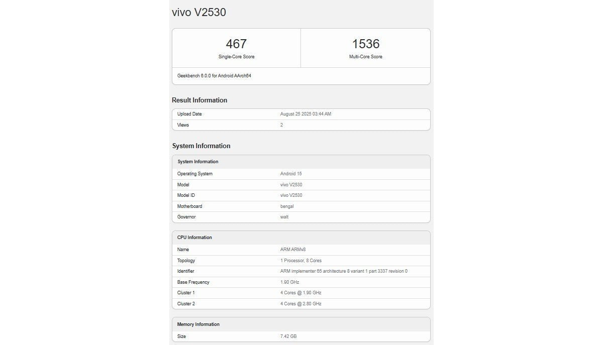 vivo V60 Lite, Geekbench'te çalıştırıldı, yongası ortaya çıktı - Tekno Muaz