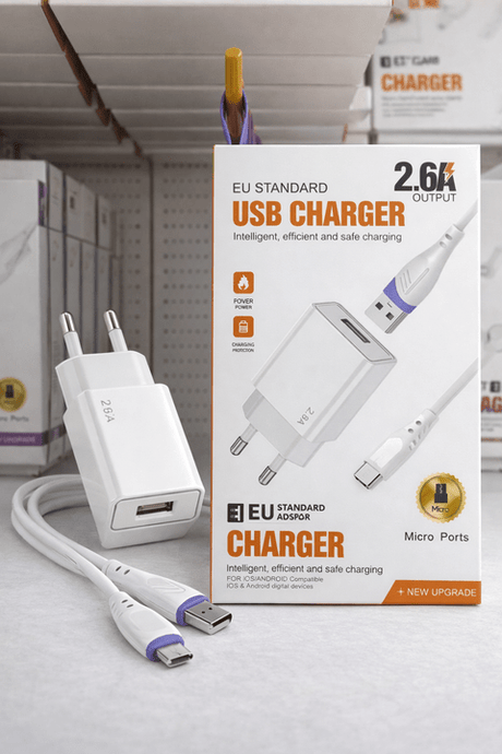 2.6A USB Şarj Adaptörü + Micro USB Şarj Kablosu (EU Standart) – Hızlı ve Güvenli Şarj ürünü - Şarj Aleti kategorisi | Tekno Muaz