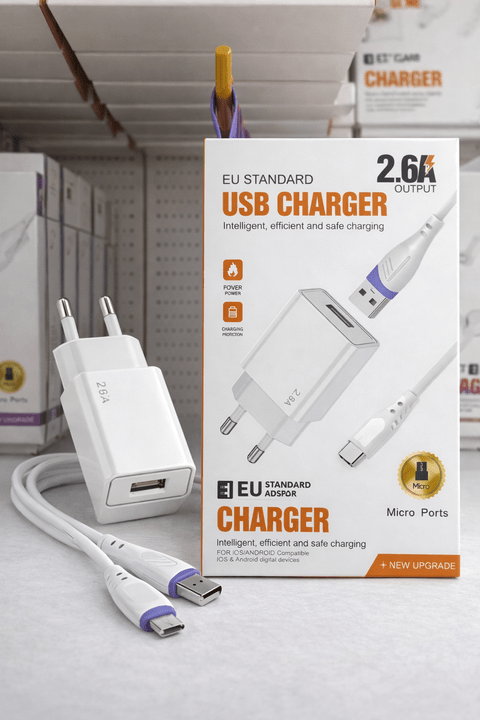 2.6A USB Şarj Adaptörü + Micro USB Şarj Kablosu (EU Standart) – Hızlı ve Güvenli Şarj