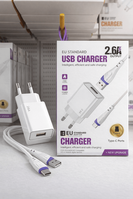 2.6A USB Şarj Adaptörü + Type - C Şarj Kablosu (EU Standart) – Hızlı ve Güvenli Şarj ürünü - Şarj Aleti kategorisi | Tekno Muaz