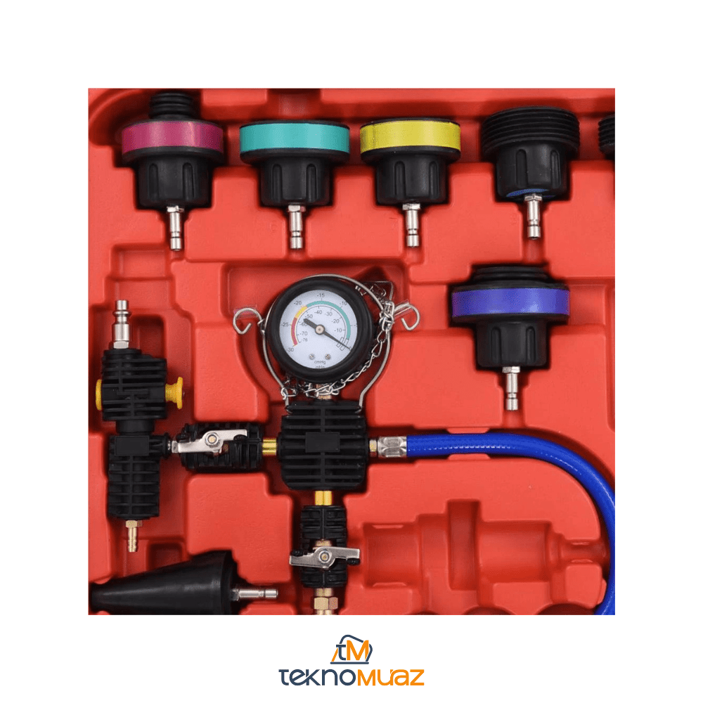28 Parça Evrensel Radyatör Basınç Test Kiti – Soğutma Sistemi Kaçak ve Vakum Kontrol Seti (0 - 35 PSI) | Hırdavat | TeknoMuaz