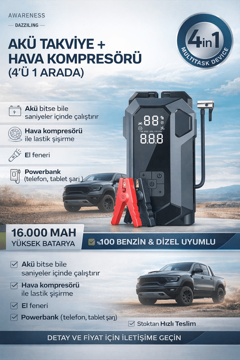 Akü Takviye + Hava Kompresörü (4’ü 1 Arada) ürünü - Araç Ekipmanları kategorisi | Tekno Muaz