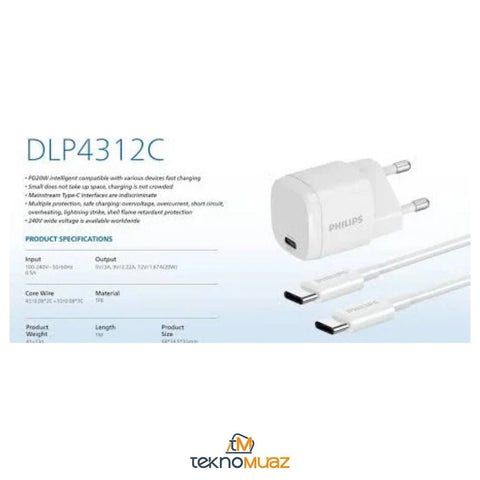 Philips DLP4312C 20W Type-C Pd Hızlı Şarj Adaptörü Ve Kablosu
