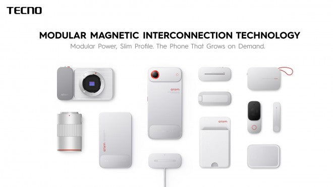 Tecno, manyetik bağlantı ve fiziksel pinlerle donatılmış ultra ince modüler bir telefonu sergiliyor.