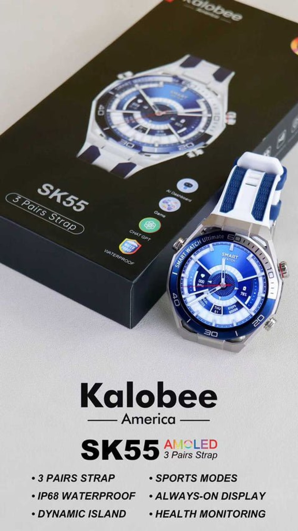 Kalobee SK55 AMOLED Akıllı Saat | 3 Kordon Seti + Waterproof Tasarım ürünü - Akıllı Saat kategorisi | Tekno Muaz